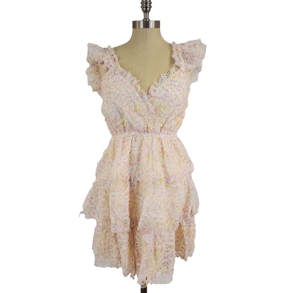 Just Me Flutter Sleeve Babydoll Tiered Mini Dress M Coquette Feminine Romantic